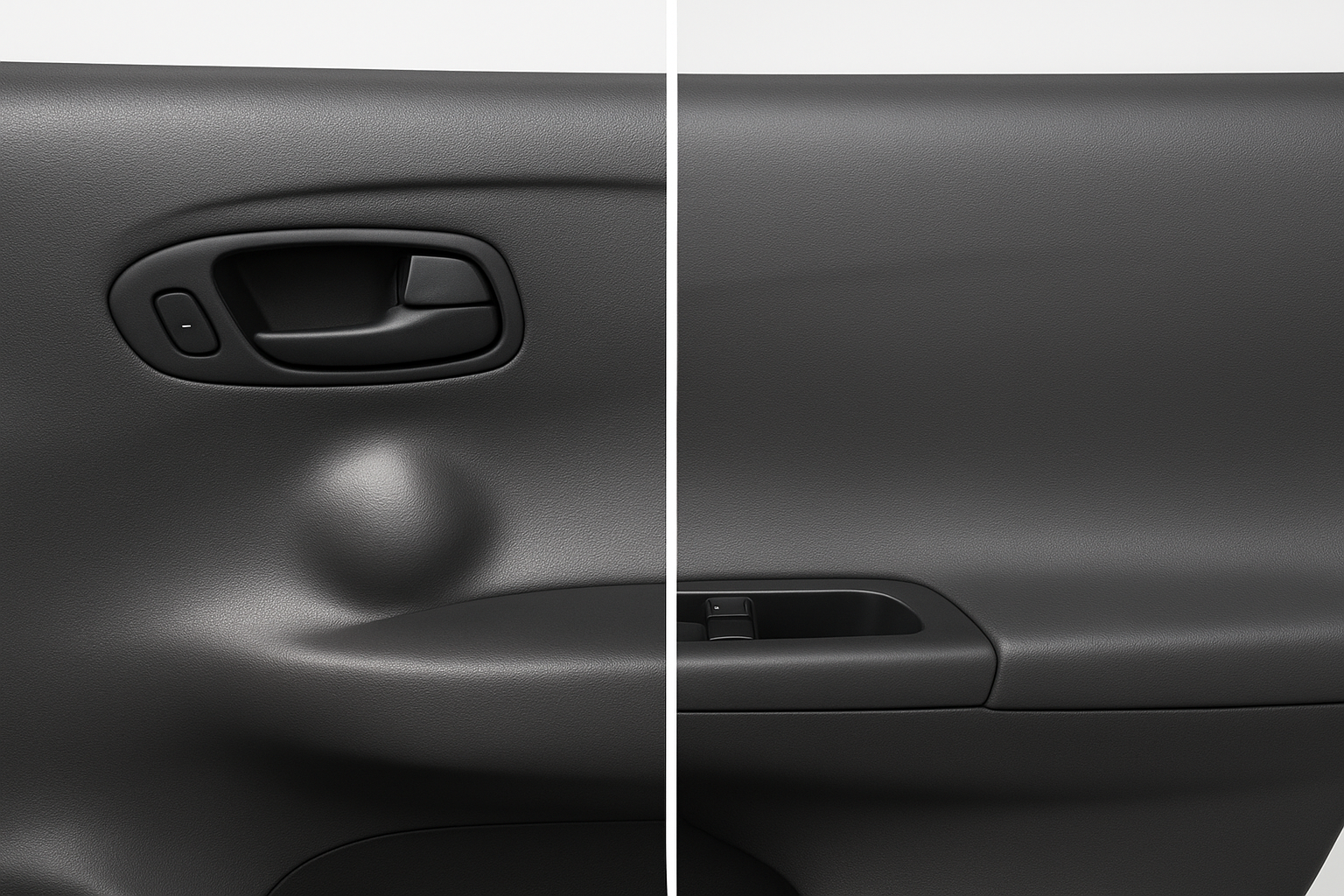 Before and after comparison of a car door dent repaired using paintless dent removal technique
