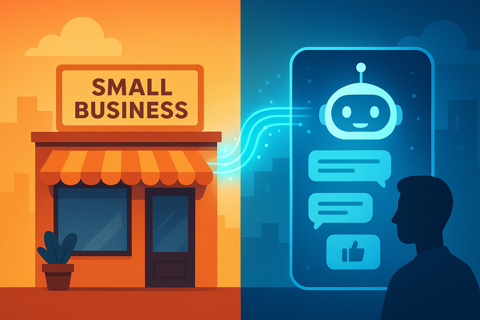 Small business storefront connected to an AI recommendation interface demonstrating local search AI visibility in action