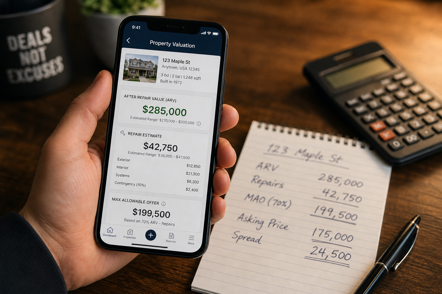 Smartphone screen showing ARV and repair cost calculations from property comping software