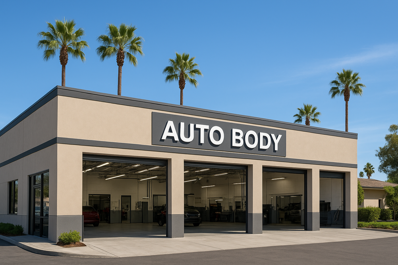 Exterior of a professional auto body repair shop in California where body shop pay plans reflect skilled technician compensation