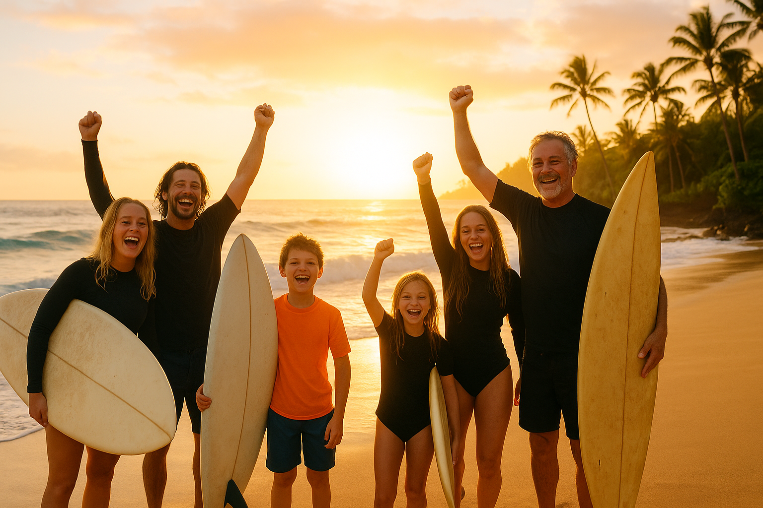 Group of surf campers celebrating after successfully riding waves on Oahu's coastline