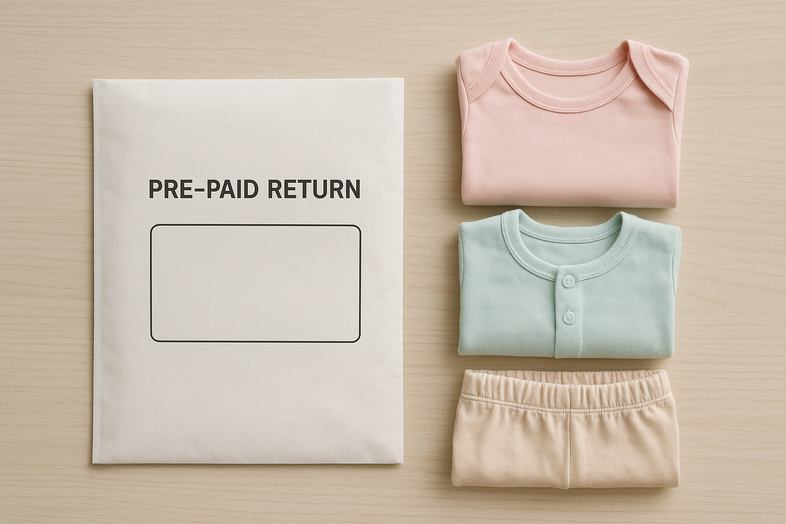 Prepaid return shipping label next to folded children's clothing for a monthly kids outfit rental return