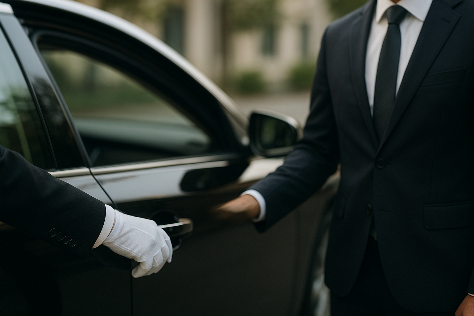Chauffeur opening the door of a luxury sedan for a corporate client