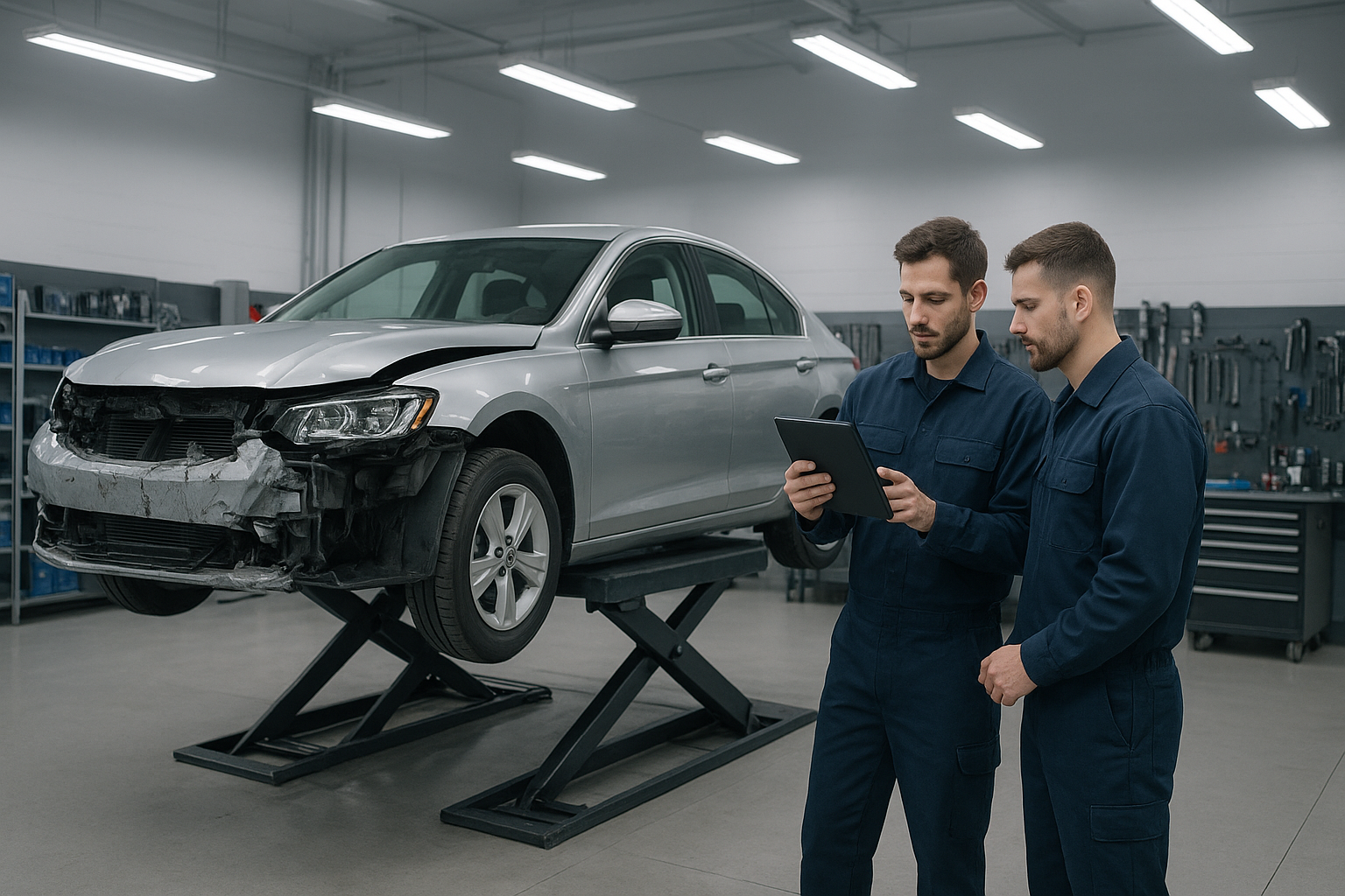 Professional auto body shop technicians reviewing post-collision diagnostic report on a tablet next to a damaged vehicle on a lift