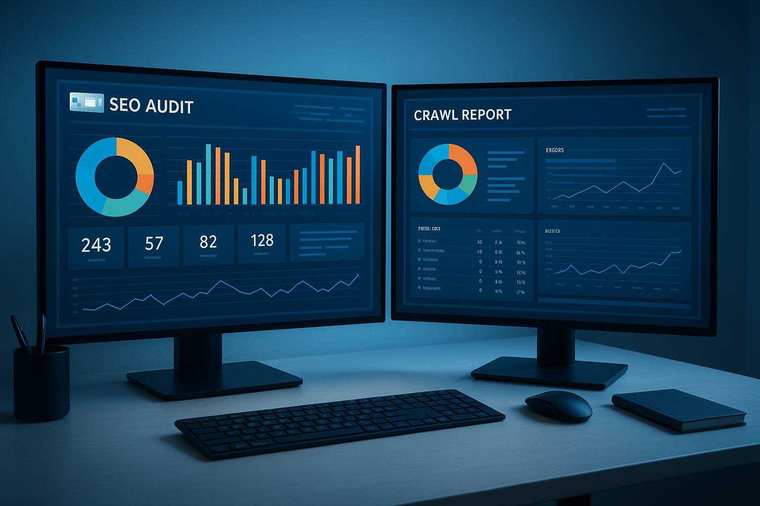 SEO audit web dashboard displayed on dual monitors in a professional workspace
