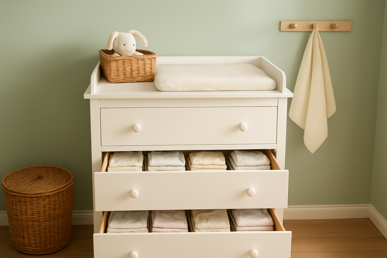 white nursery dresser with changing table topper and wicker baskets showing organized baby room storage