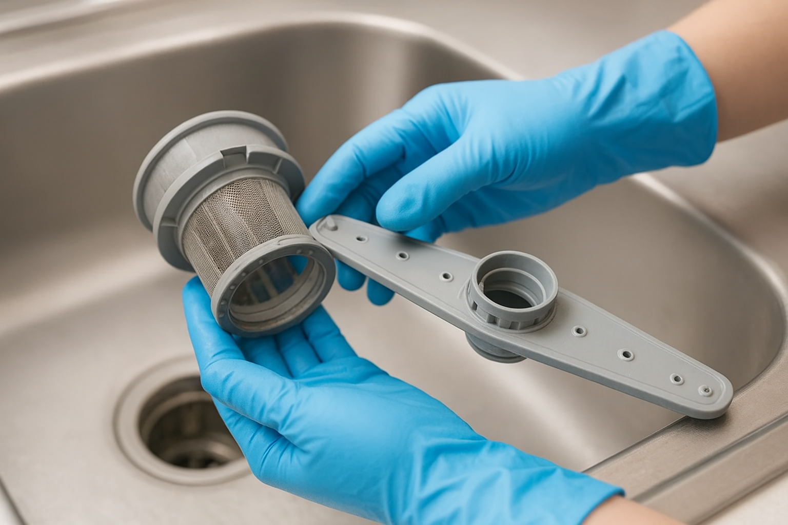 Close-up of a dishwasher filter and spray arm being cleaned during a repair inspection