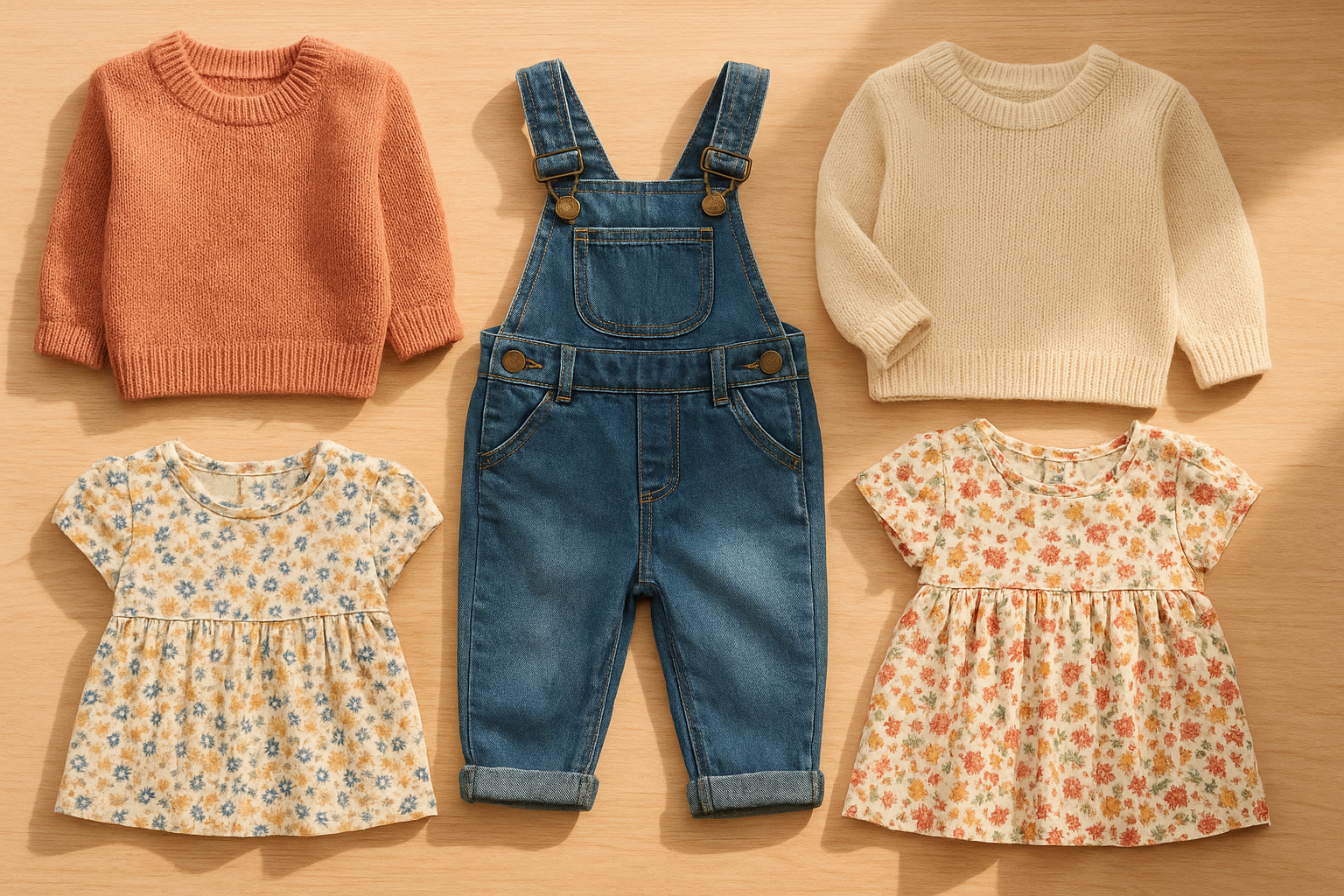 Curated kids clothing subscription plan bundle with premium children's apparel laid out on a wooden surface