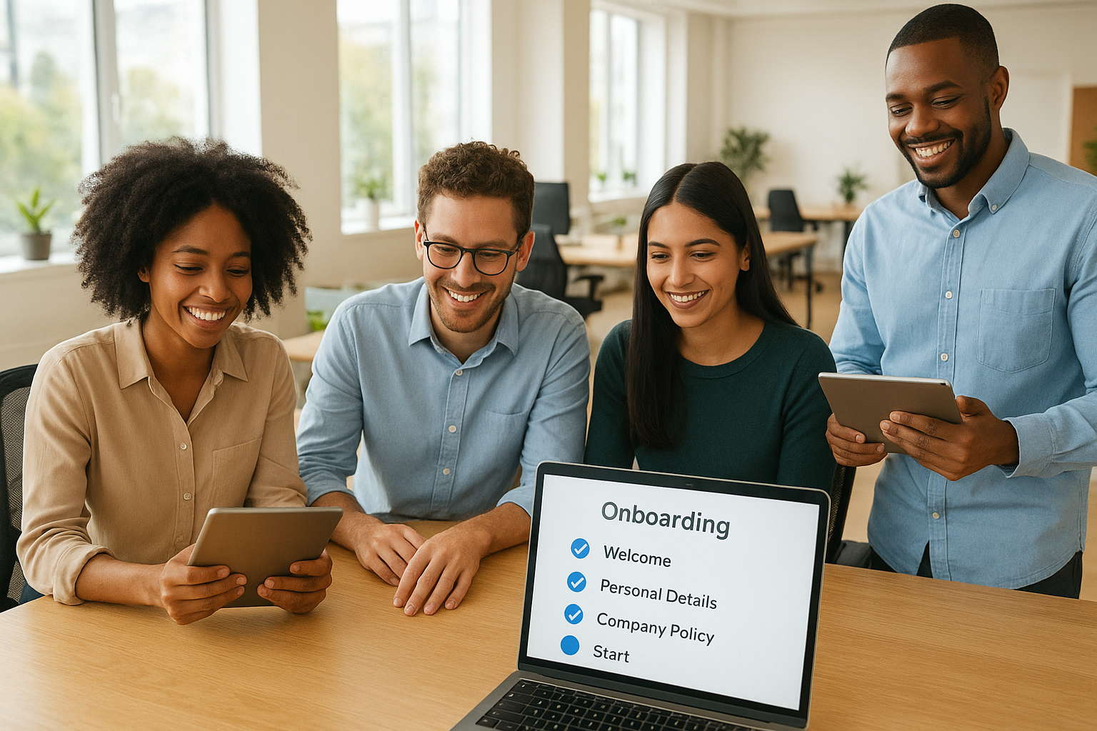 Employees using self-service tools within a cloud hr system during onboarding