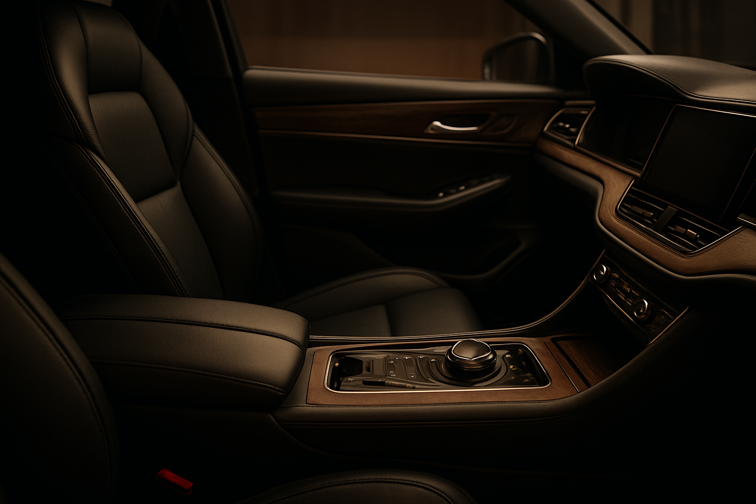 Interior view of a leather passenger seat inside a chauffeured executive vehicle