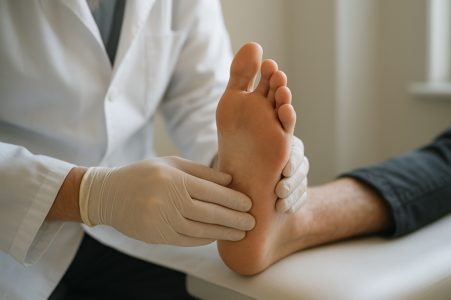Podiatrist evaluating patient's foot arch as part of treatment for foot discomfort