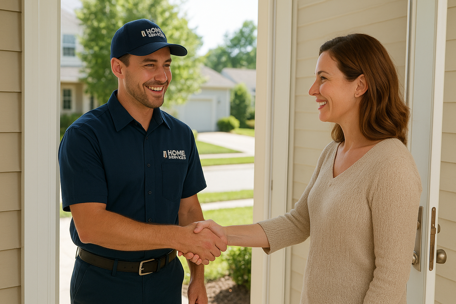 Home service technician greeting a customer on time at a residential front door