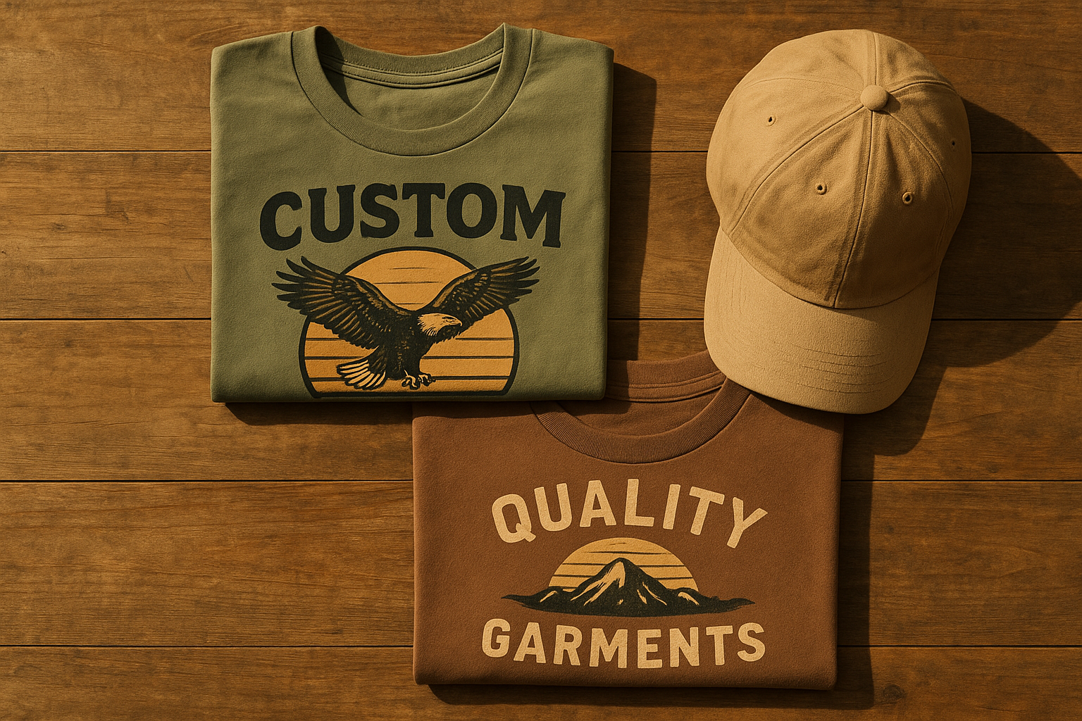 Folded custom merchandise t-shirts and cap with bold vintage-inspired print on a wooden table