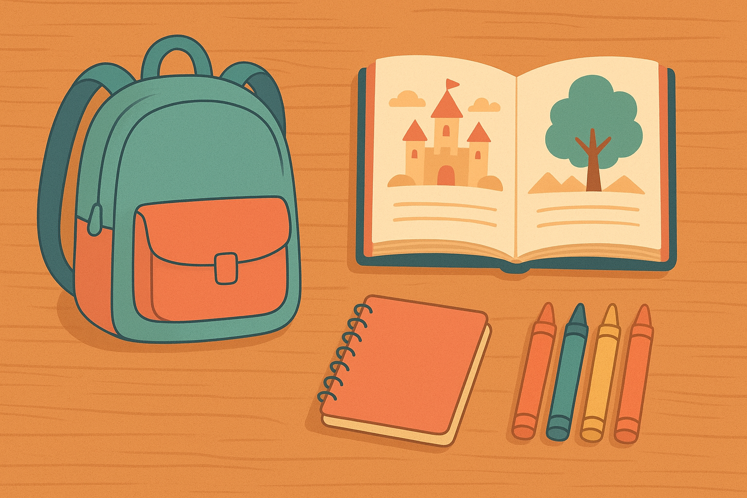 Storybook and learning materials arranged for at-home speech practice following a school session