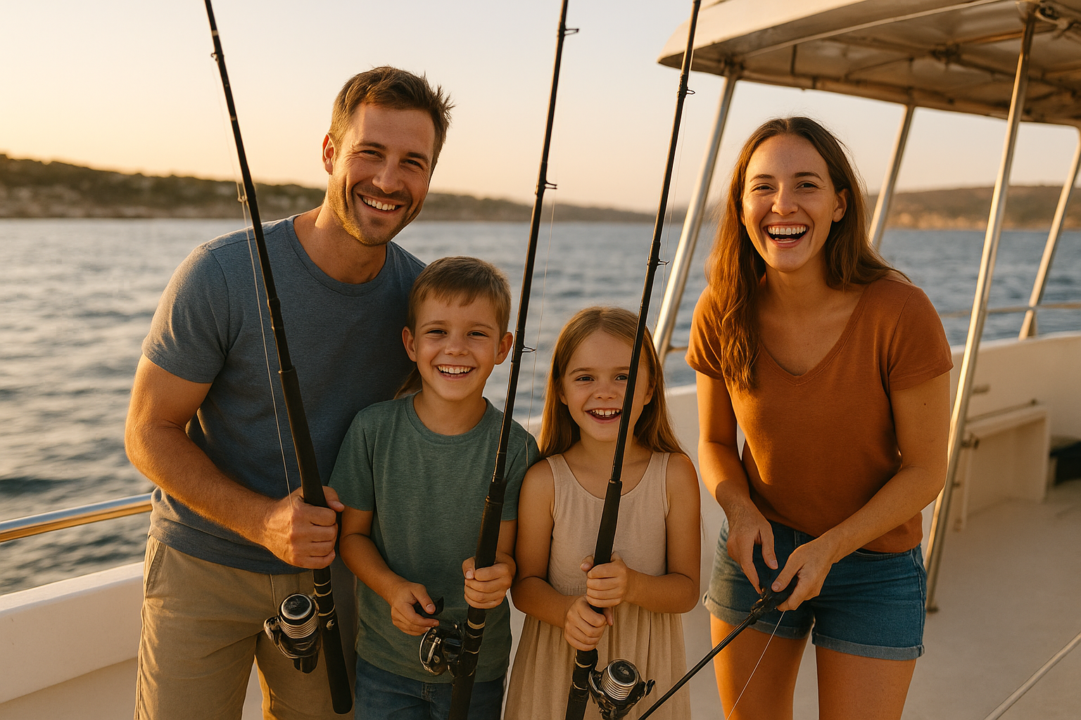 Family enjoying a family-friendly action fishing trip on a charter boat near Myrtle Beach