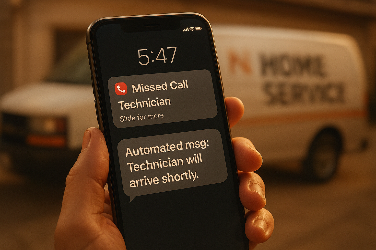Smartphone showing an automated missed call text-back for a home service business