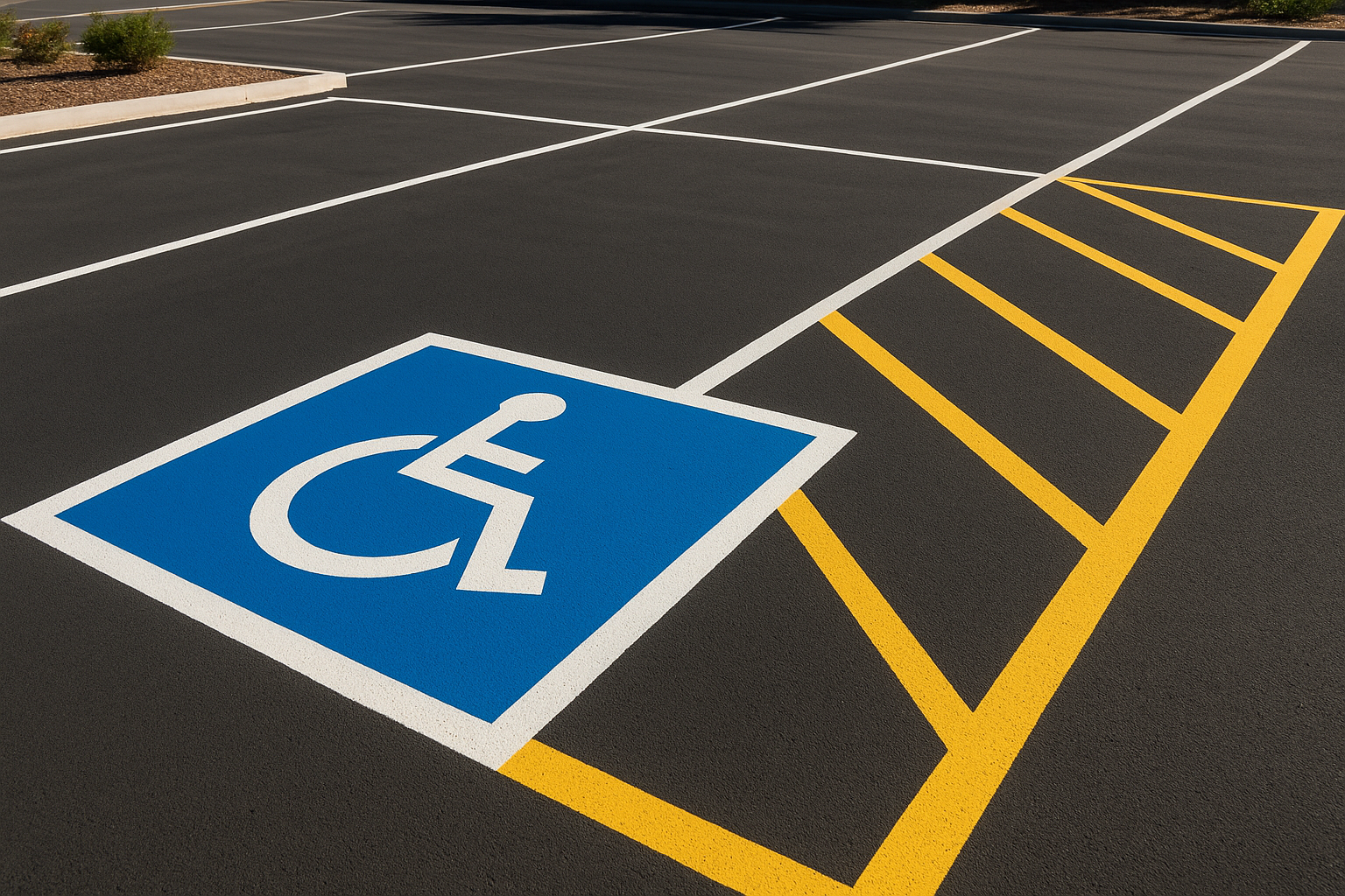 ADA-compliant handicap parking stall with blue accessibility symbol and white lines as part of parking lot striping services