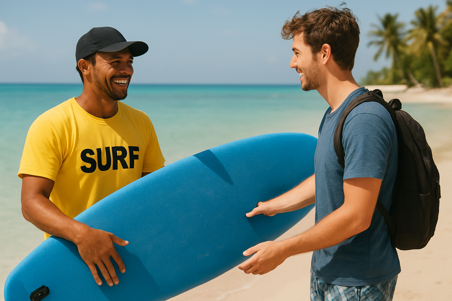 Surf instructor handing a foam rental board to a beginner surfer on a Hawaiian beach