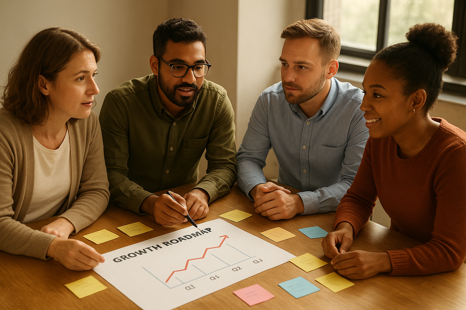 Small business leadership team building a growth roadmap during a strategy session
