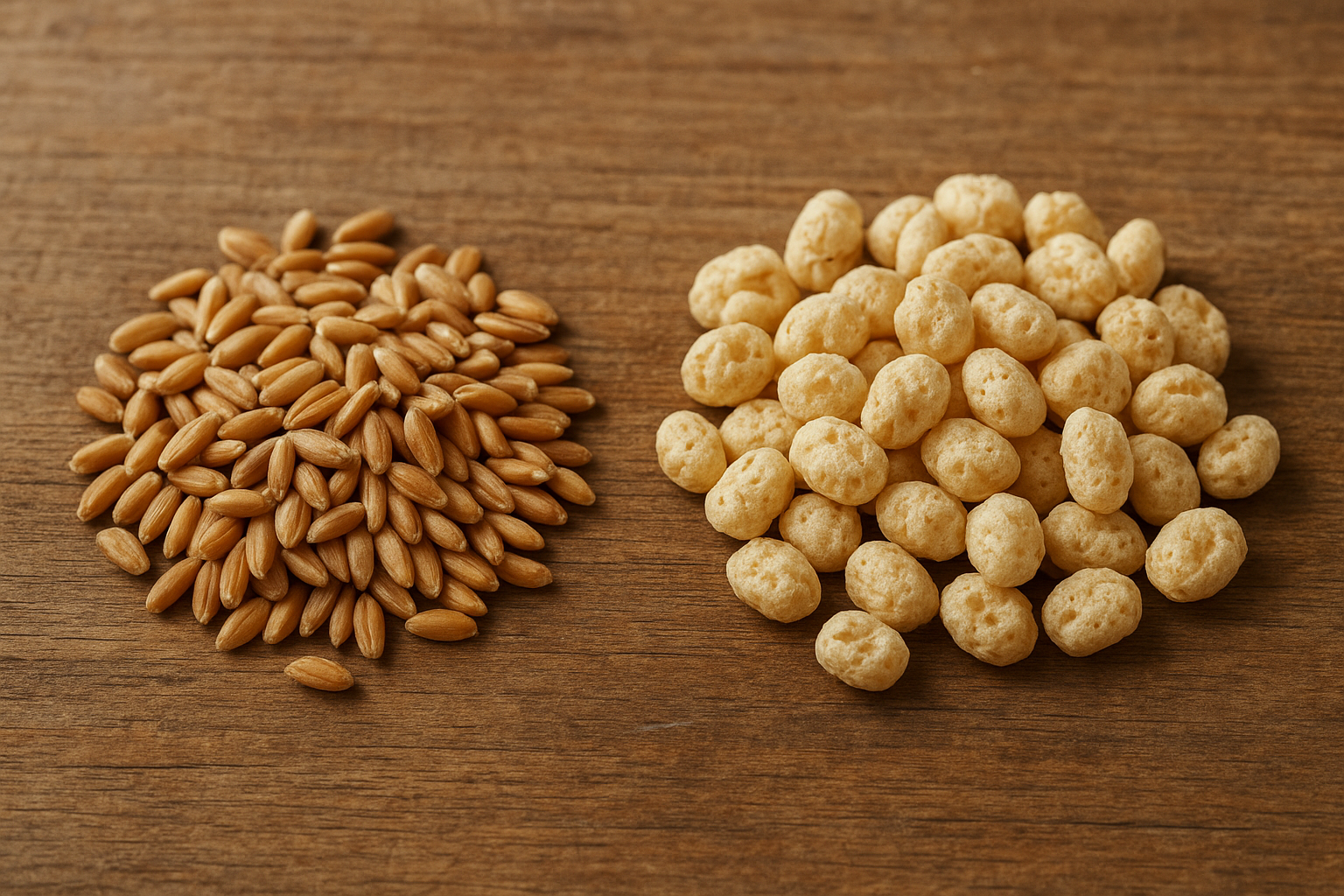 Raw whole grain kernels next to puffed cereal pieces showing the gentle puffing process
