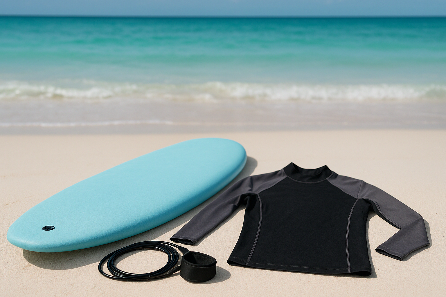 Soft-top beginner surfboard and rash guard laid out on sand before a Hawaii surf lesson