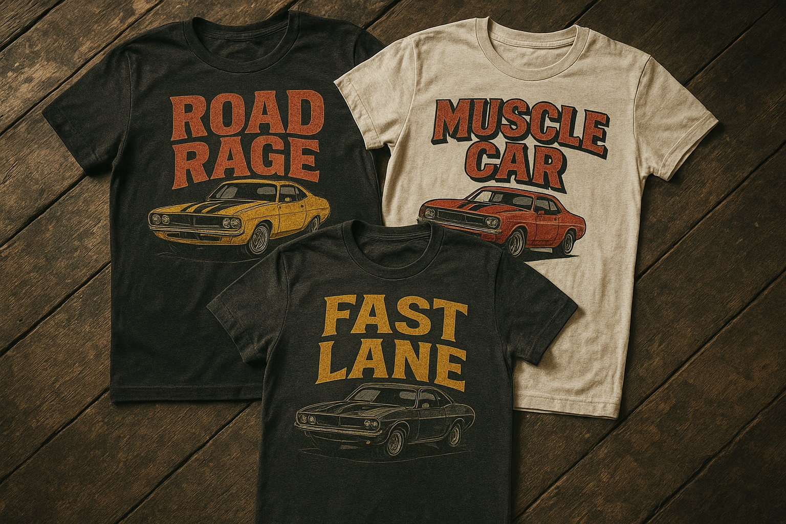 Vintage-inspired graphic t-shirts with bold retro designs on a garage floor
