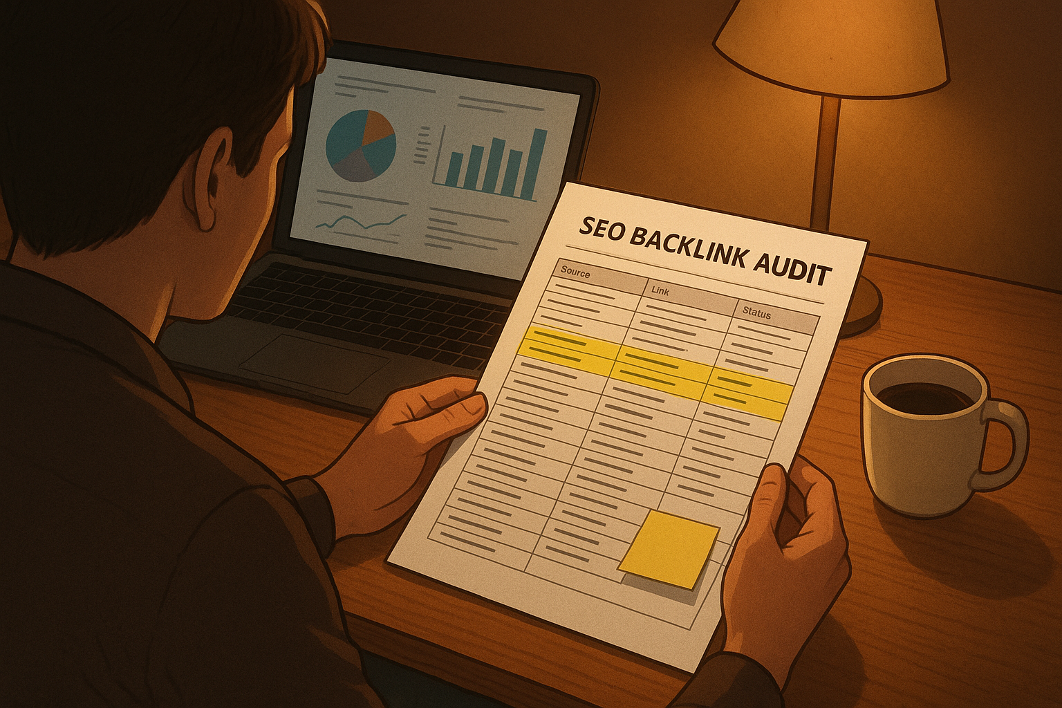 SEO professional reviewing a printed backlink audit report with highlighted metrics