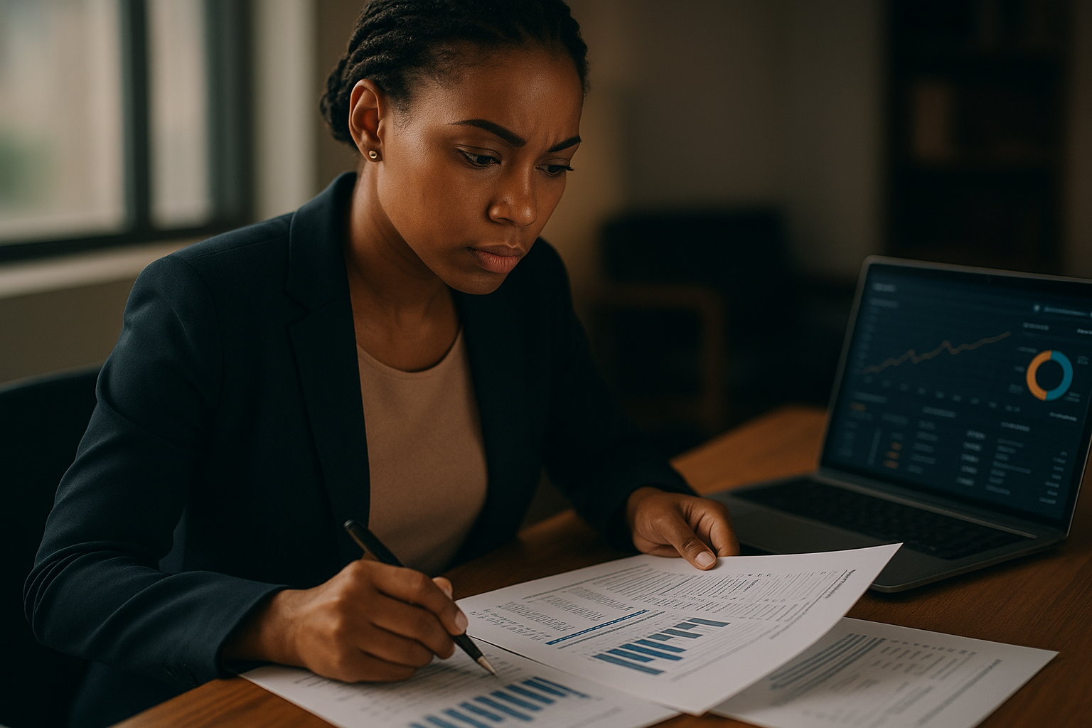 Accountant reviewing 245A provider financial reporting documents at a desk