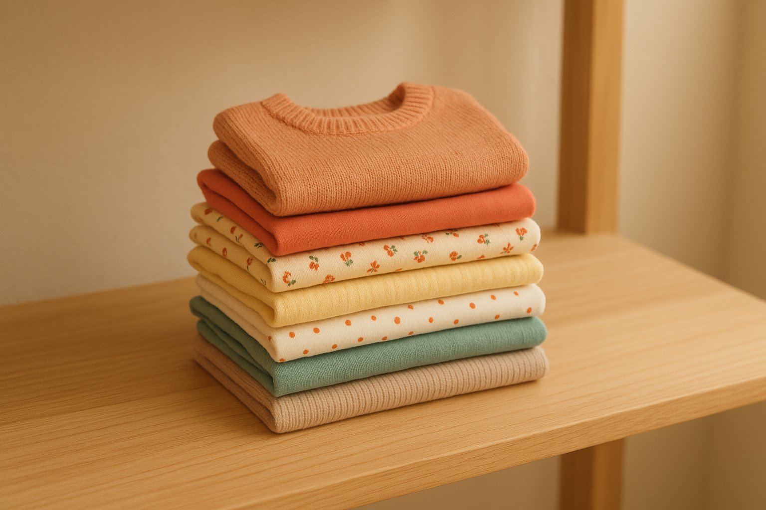 Neatly folded premium children's clothing items from a kids' clothing rental subscription arranged on a wooden shelf
