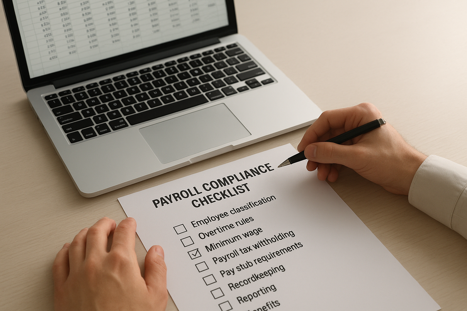 Hands reviewing a payroll compliance checklist alongside a laptop spreadsheet in a Minnesota small business office