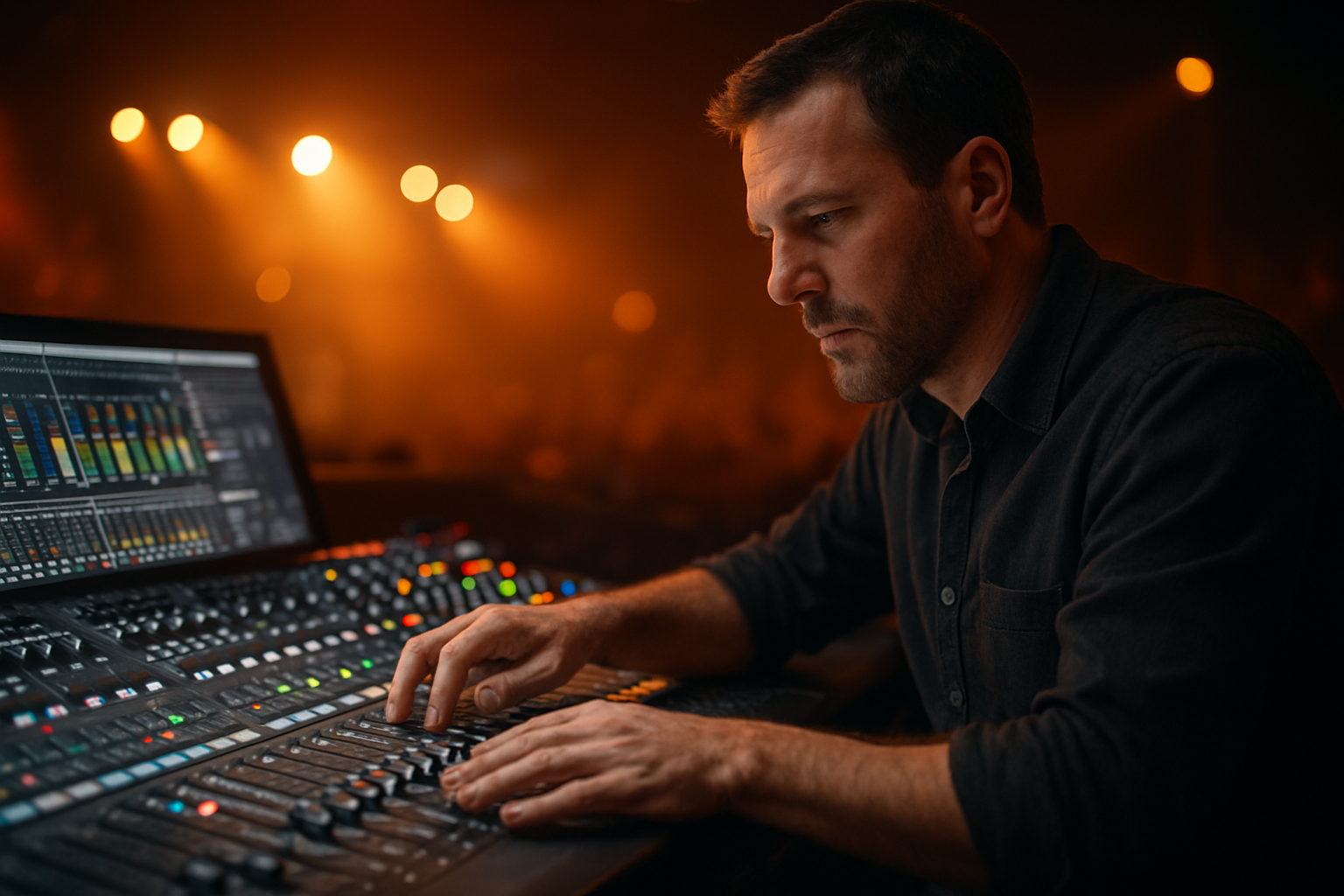 Audio engineer operating a digital mixing console during a live event AV production