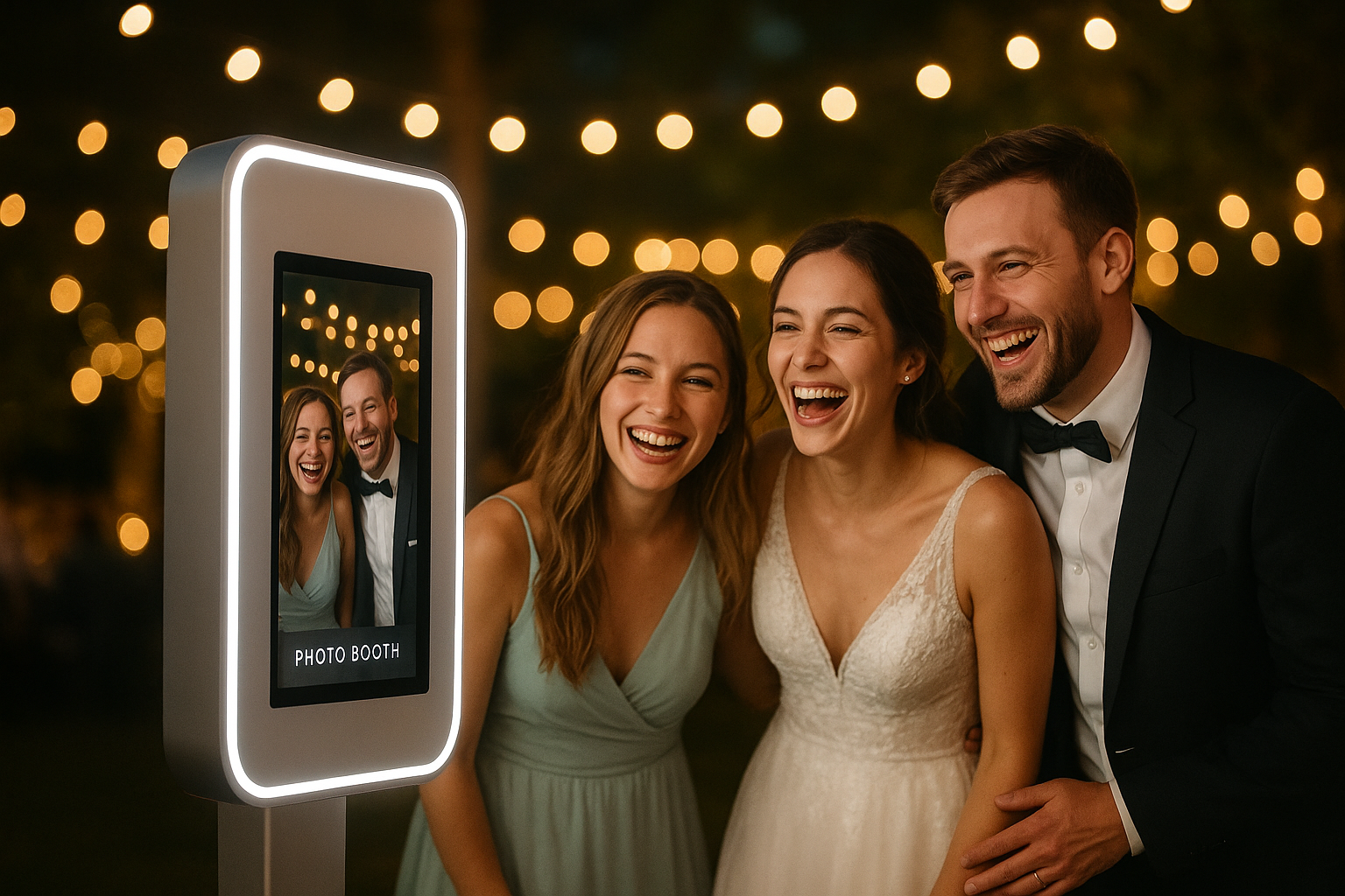 Virtual photo booth for events set up at an evening wedding reception with guests posing