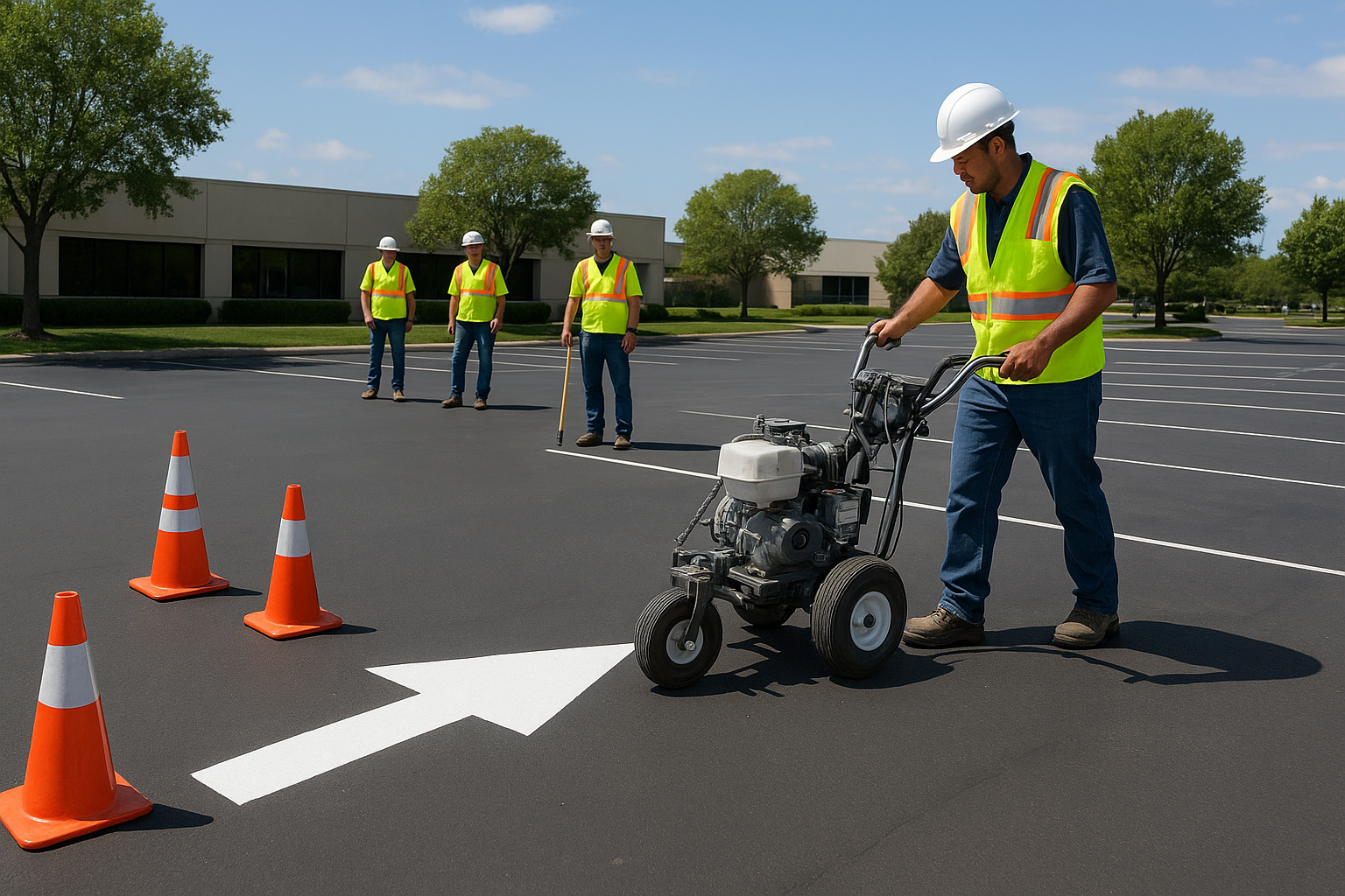 Striping crew painting directional arrows in a Texas commercial parking lot