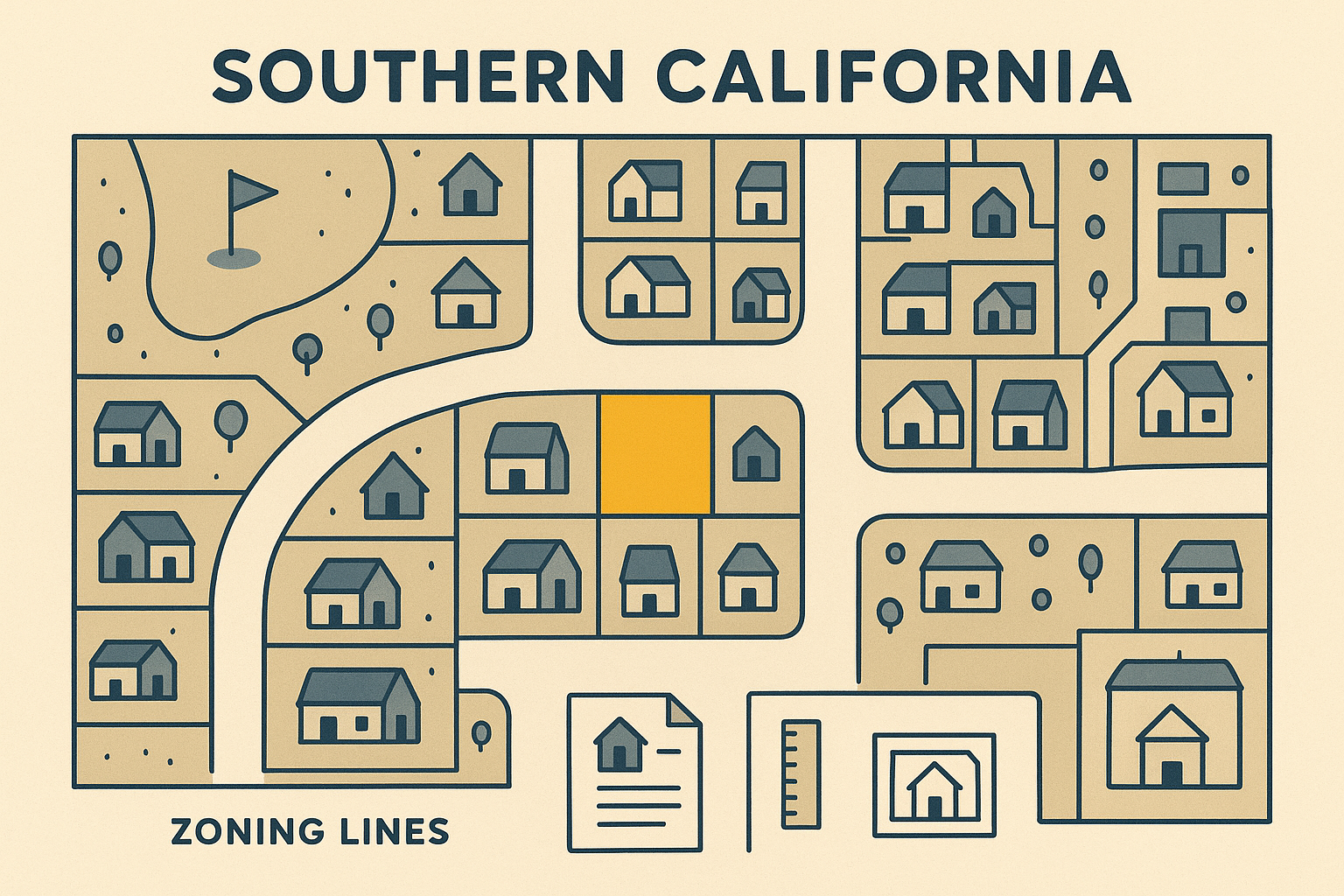 Map style illustration representing the ADU permit review process across a Los Angeles County neighborhood