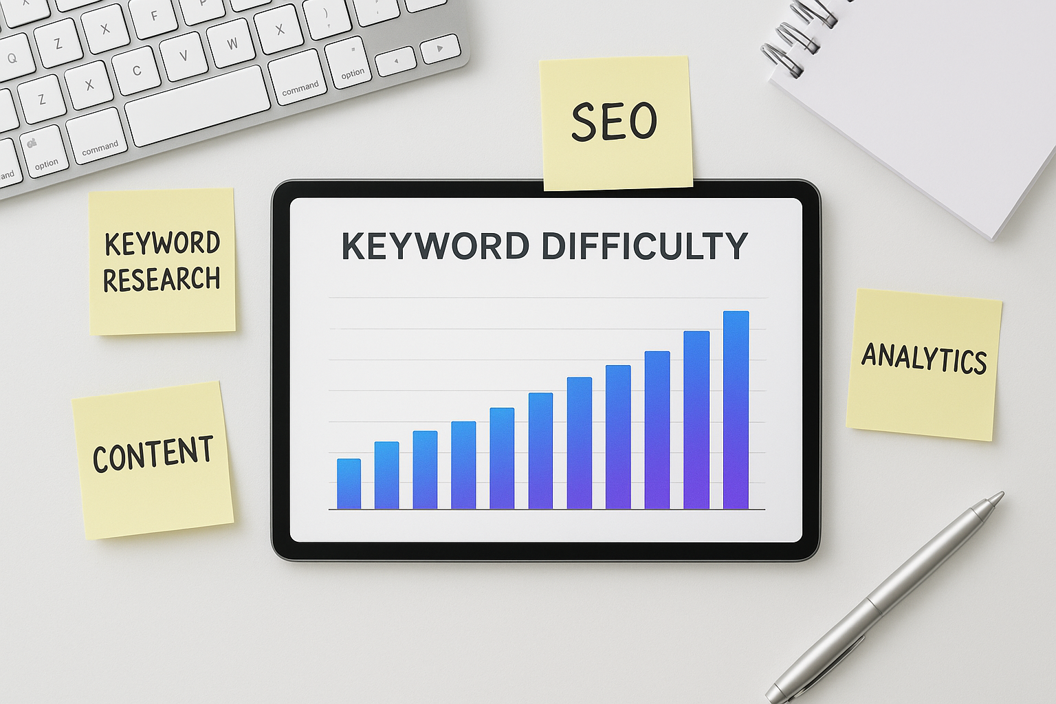 Keyword difficulty chart on a tablet showing how to prioritize SEO keyword targets