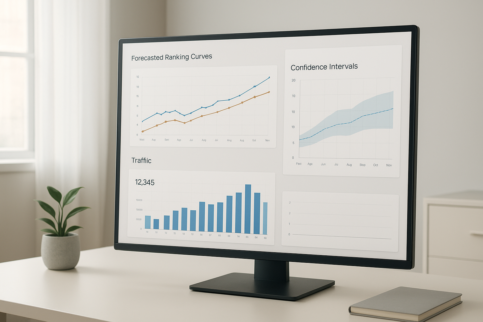 Dashboard showing SEO performance prediction charts and forecasted ranking trends