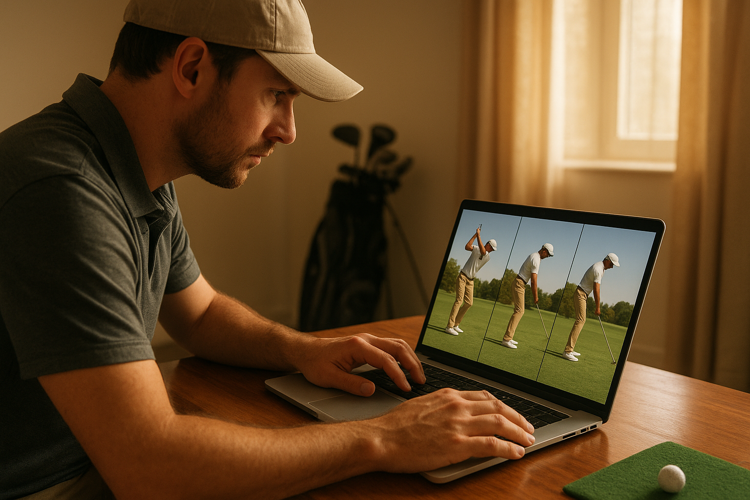 Golfer reviewing tailored golf swing plans on a laptop with swing video analysis