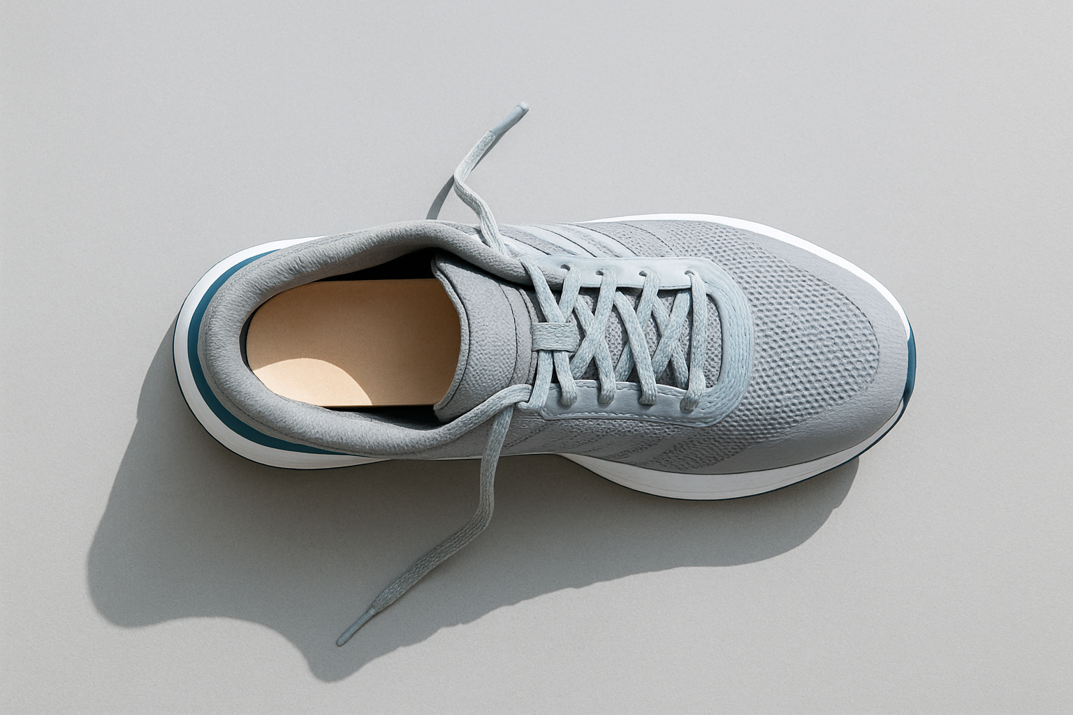 Custom orthotic insole placed inside a supportive running shoe for plantar fasciitis relief