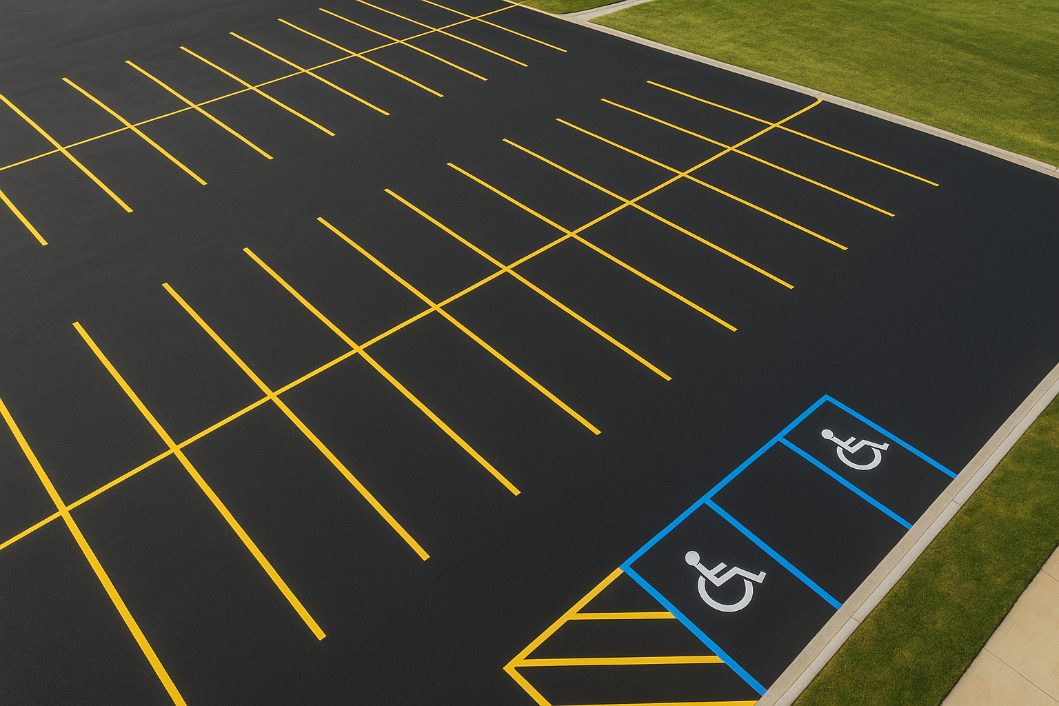 Aerial view of custom parking lot layouts with fresh striping and ADA-compliant spaces