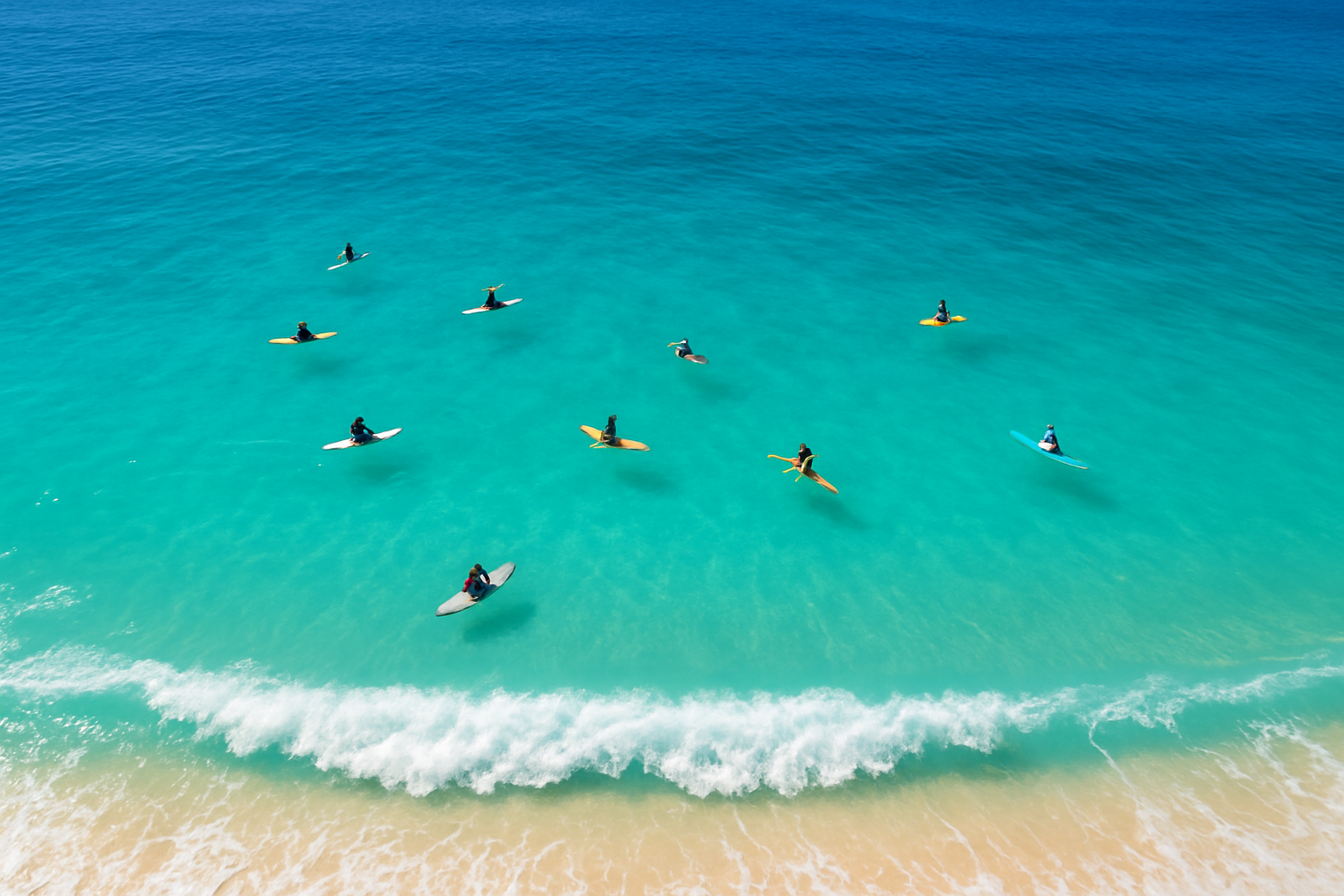 Aerial view of surfers paddling out at a tropical beach similar to Waikiki