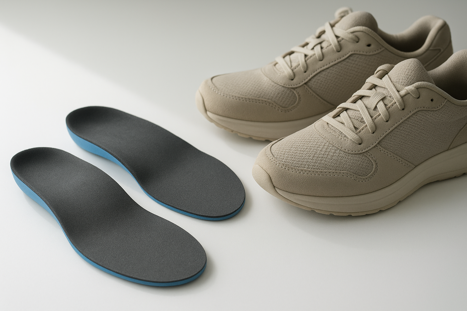 Custom orthotics for pregnancy displayed beside supportive maternity shoes on a white surface