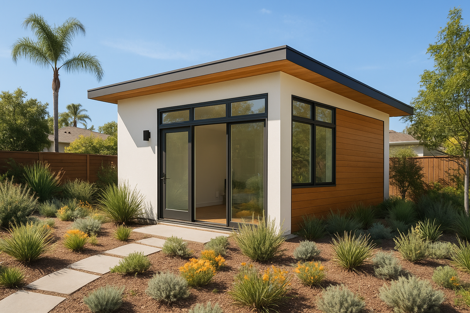 Modern accessory dwelling unit in a San Diego backyard with wood accents and native landscaping
