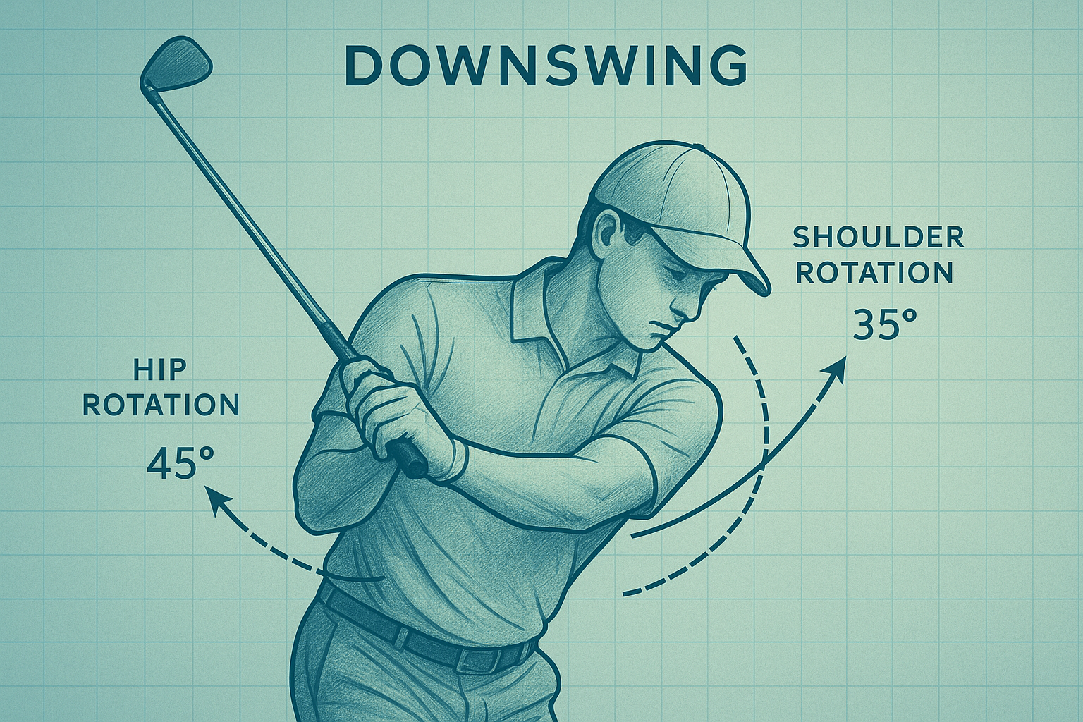 Kinesiology-based diagram showing hip and shoulder rotation angles in a golf swing