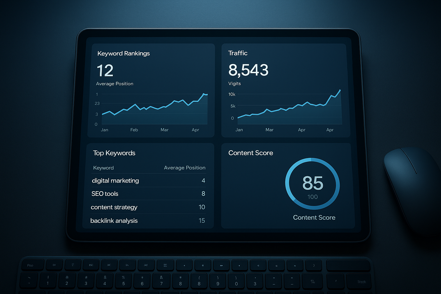 AI optimization tools dashboard showing keyword rankings and SEO performance metrics