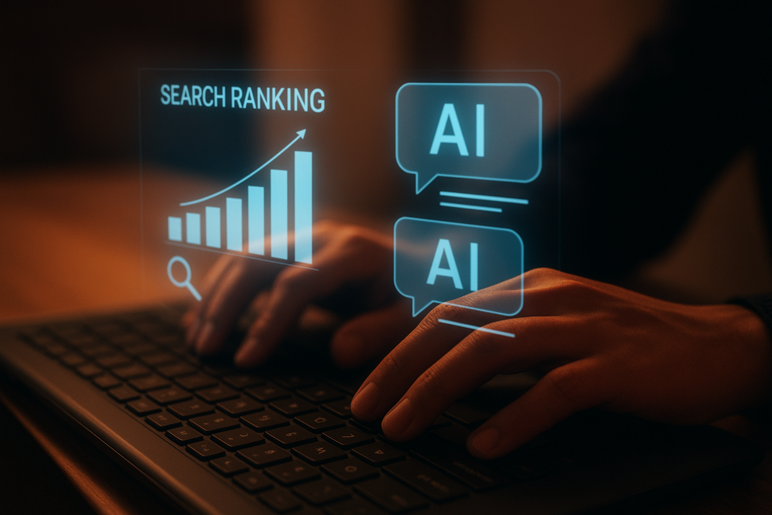 Person managing search engine ranking automation dashboard with AI visibility charts