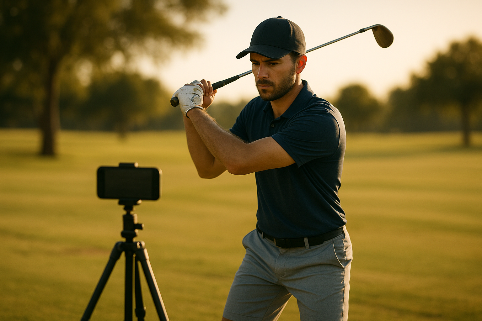 Competitive golfer recording swing footage for virtual golf lessons for competitive players