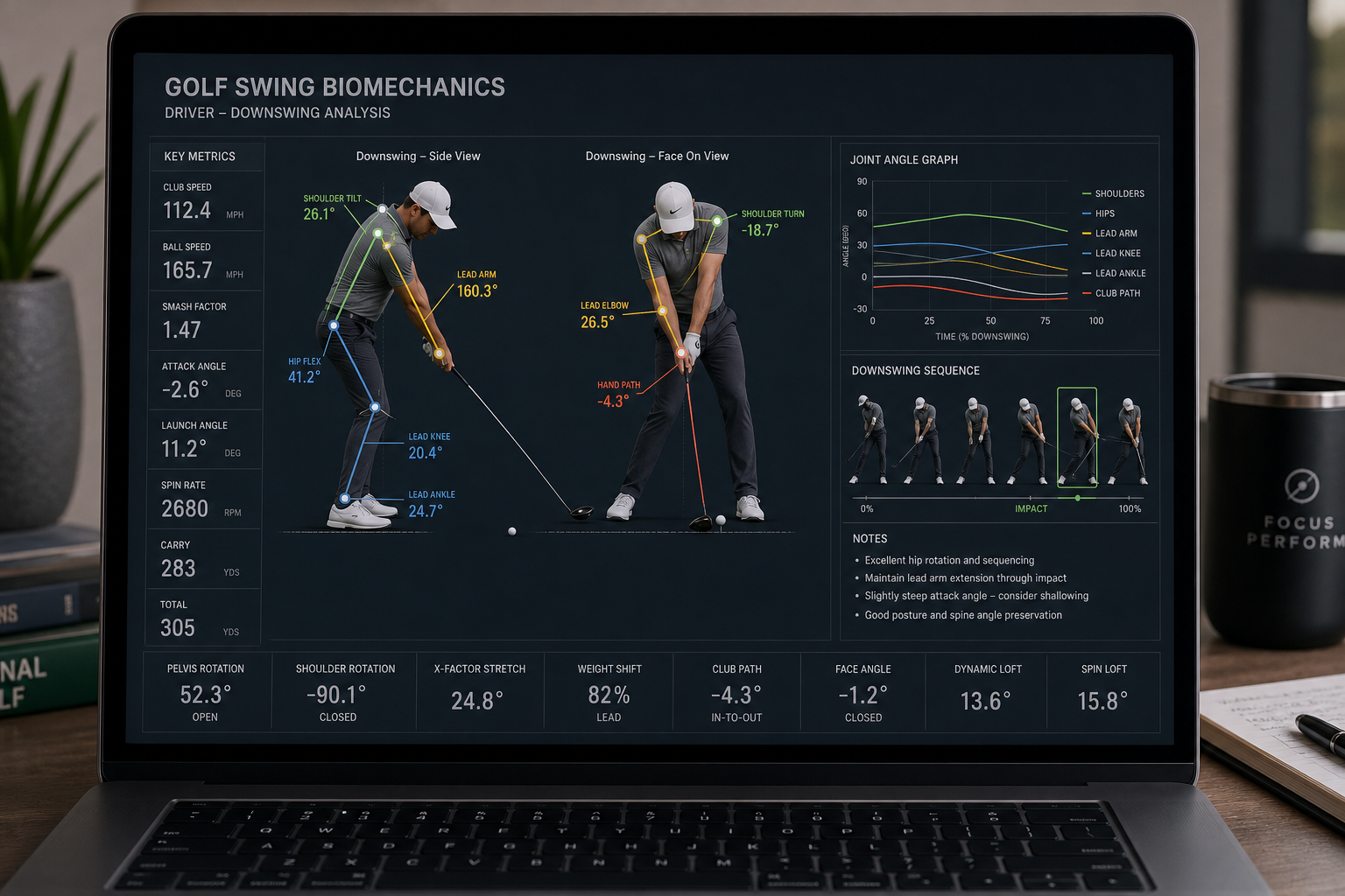 Laptop screen showing kinesiology-based golf swing data used in remote golf coaching