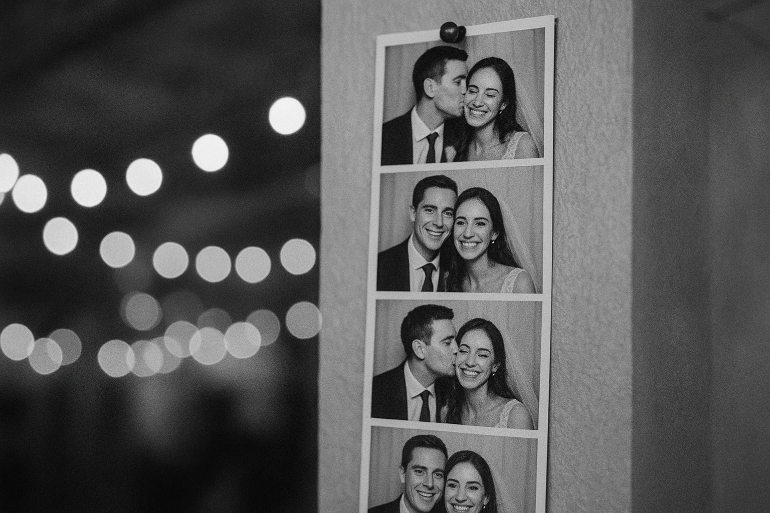 Black and white photo strip from a wedding reception photo booth hanging on display