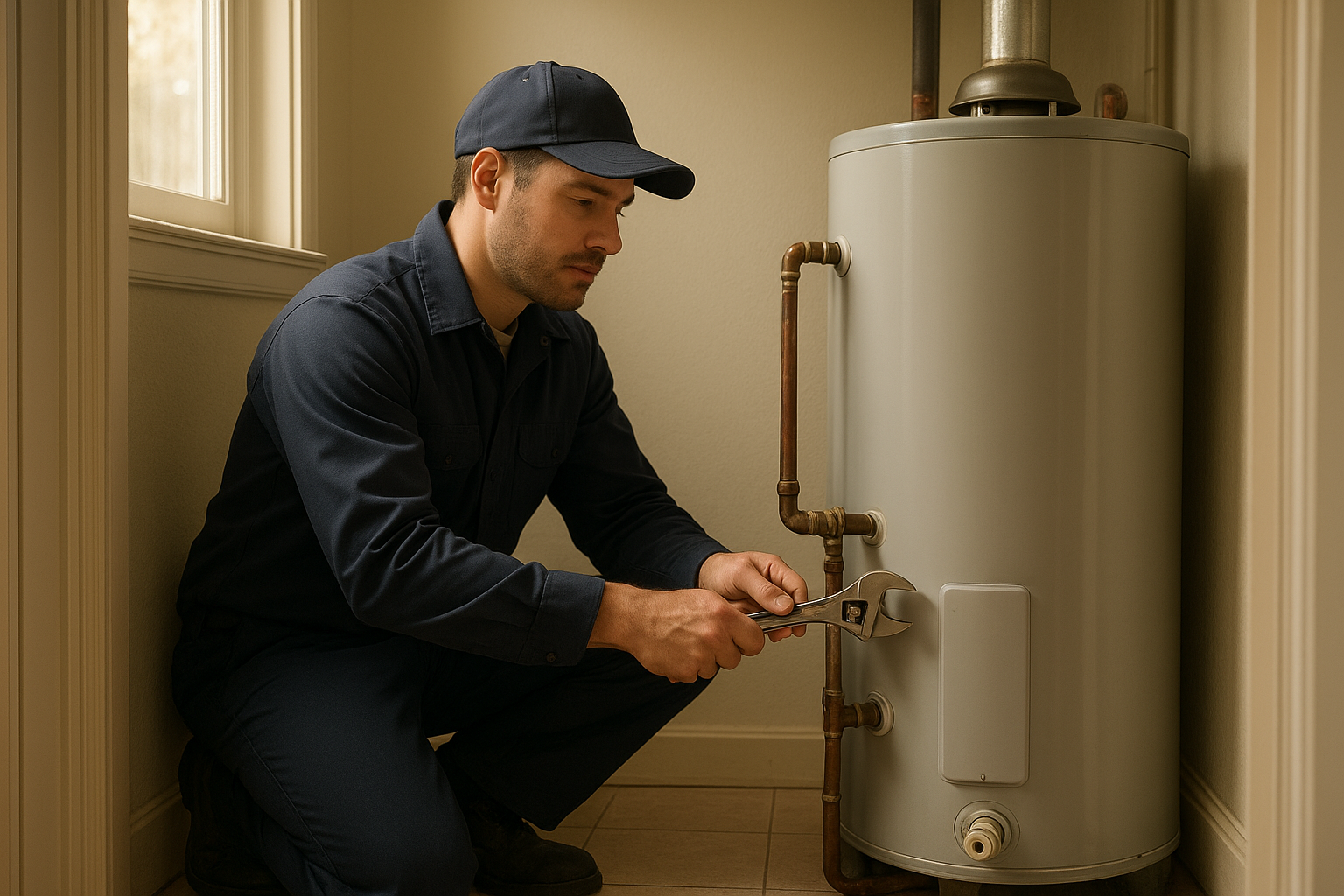 Dee3f007_water-heater-repair-kaufman-county Plumber completing water heater repair Kaufman County homeowner requested in a Terrell utility room