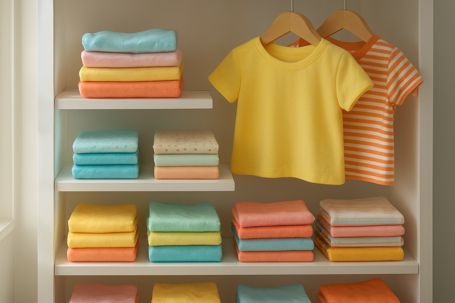 Rack of curated children's clothing representing a fashion rotation service for kids